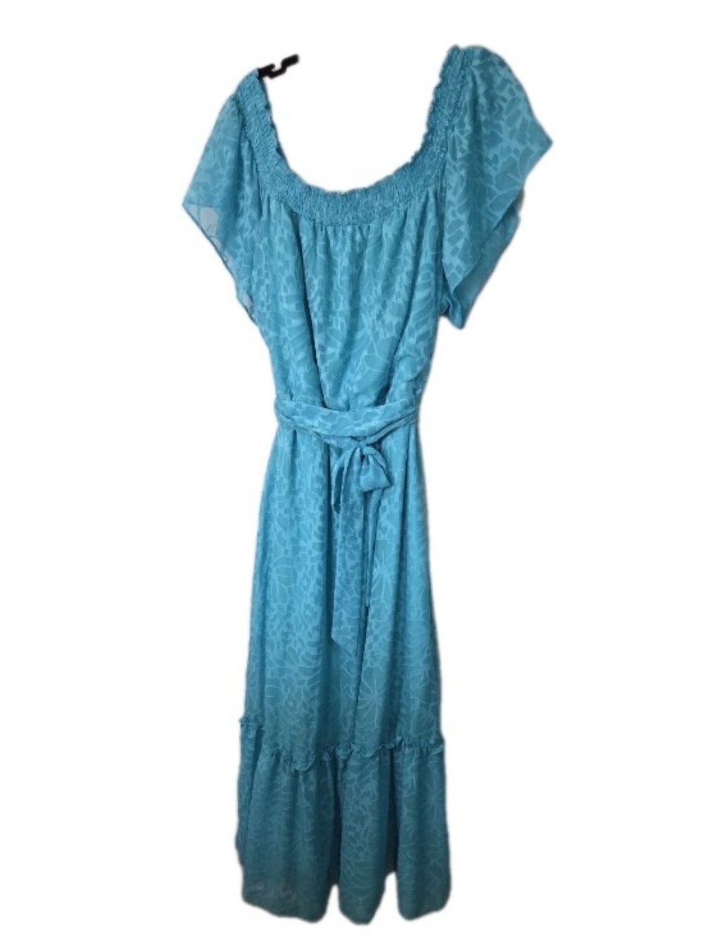 Eloquii Off Shoulder Maxi Summer Dress 22/24 Blue Flutter Floral Semi Sheer Tier